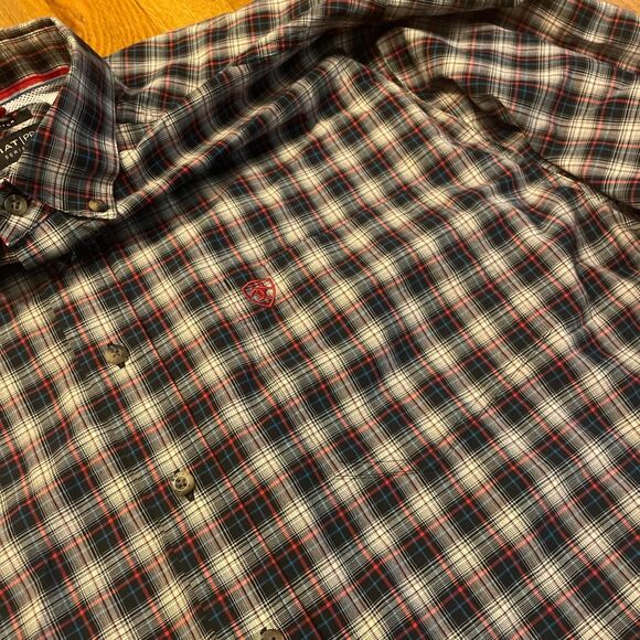 ariat pro series plaid long sleeve flannel button up black red blue XXL tall - Picture 3 of 8